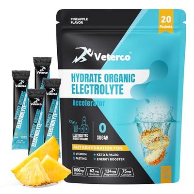 Veterco Hydration Electrolyte Powder, Electrolyte Drink, Hydration Supplement Drink Mix, Hydration Packets with Vitamin Mineral, Keto Friendly, Vegan, Non-GMO, No Sugar, Pineapple Flavor (20 Sticks)