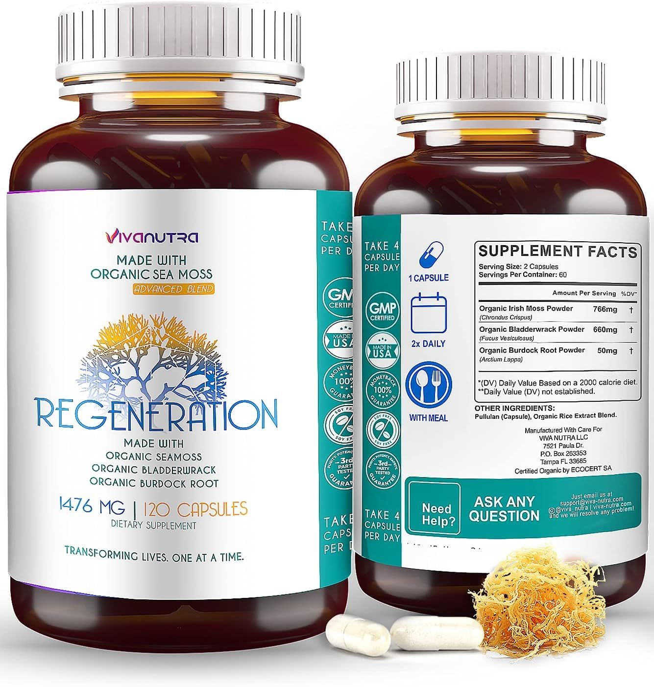 Organic Sea Moss Capsules, Bladderwrack Burdock Root 120 Count - Wildcrafted Raw Organic Irish Seamoss Powder Gel Pills - Wild Irish Moss Alkaline Supplement Vegan Super Food - 2 Month Supply