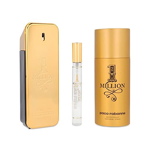 Paco Rabanne One Million 3-Piece Gift Set for Men, (3.4 Oz Eau De Toilette Spray 5.1 Oz Deodorant Spray 0.33 Oz Travel Spray)
