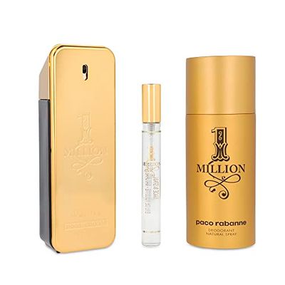 Paco Rabanne One Million 3-Piece Gift Set for Men, (3.4 Oz Eau De Toilette Spray 5.1 Oz Deodorant Spray 0.33 Oz Travel Spray)