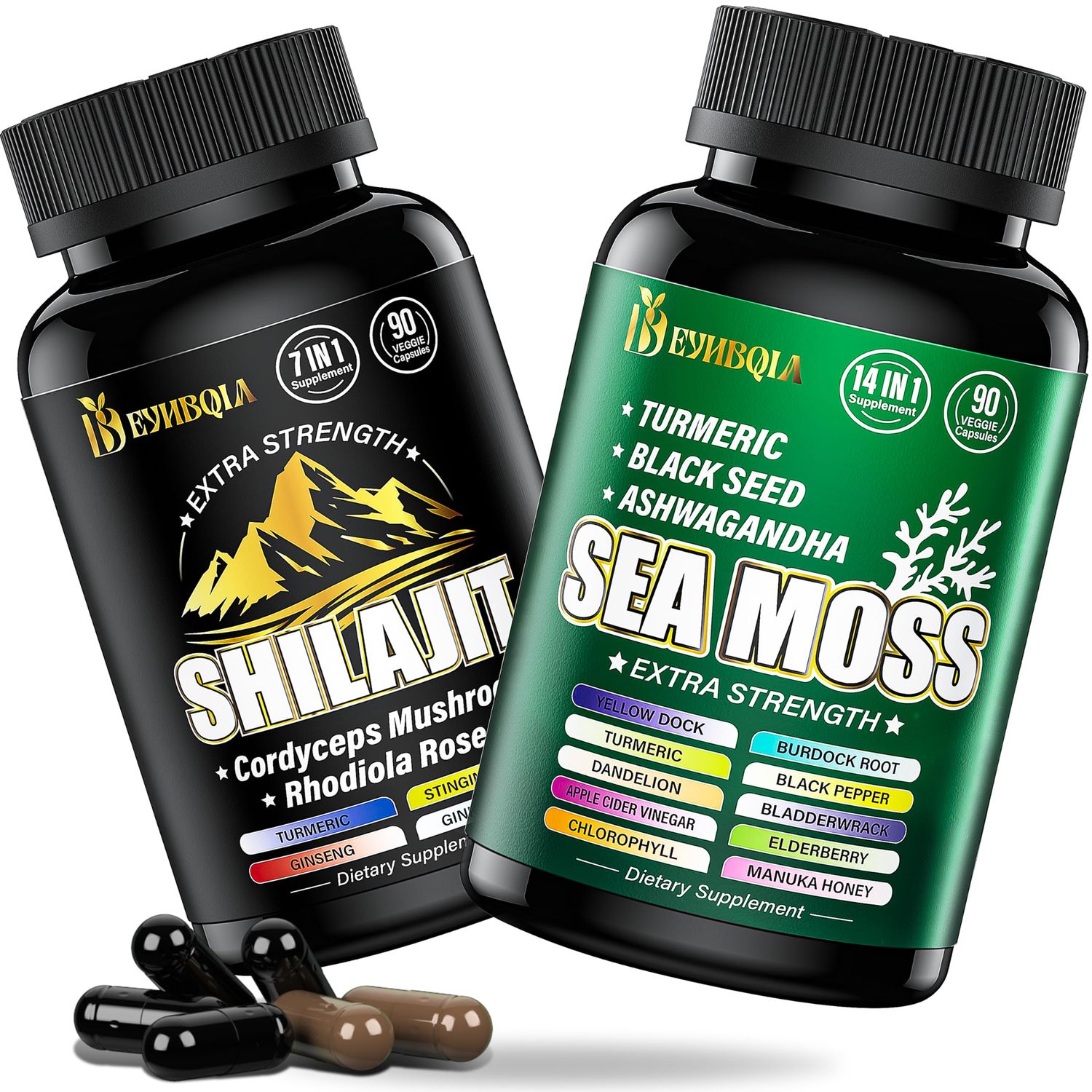 EYHBQIA Sea Moss and shilajit Bundle - 90 Count - Sea Moss, Black Seed Oil, Ashwagandha, Turmeric Shilajit, Rhodiola Rosea,Burdock, Bladderwrack 21 in 1 Supplements (2 Packs) Brown