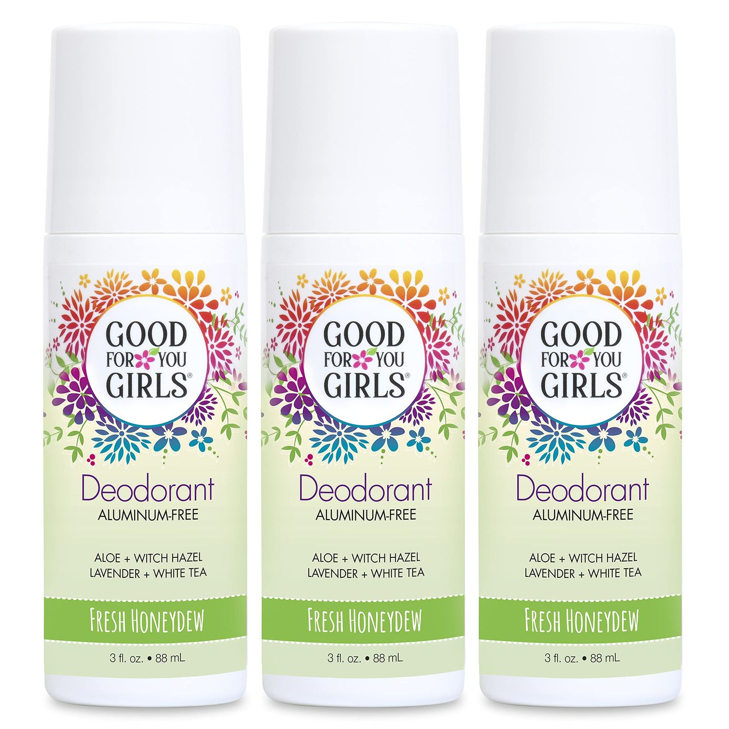Good for You Girls Aluminum-Free, Natural Vegan Deodorant for Kids, Preteens, Teens, Safe Effective Odor Protection, Clear Roll-On, Natural Fragrance Fresh Honeydew, 3 oz (Pack of 3)