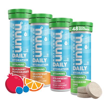 Nuun Vitamins Electrolyte Tablets with Vitamin D, C, E, A, B6, Folic Acid, Magnesium 4 Other Essential Electrolytes, Gluten Free Vegan, Mixed Fruit, 4 Pack (48 Servings Total)