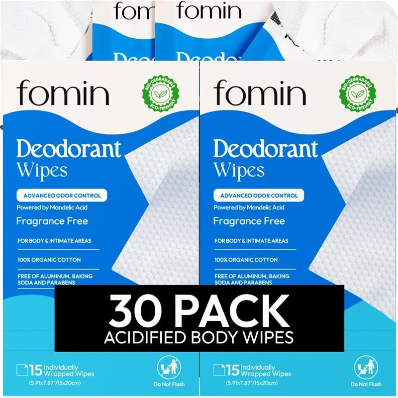 FOMIN Acidified Travel Deodorant Wipes For Women Men - 30 Count - Fragrance Free - pH Balanced, Mini Deodorant Travel Size Wipes - Plastic-Free, Individually Wrapped Underarm Body Wipes