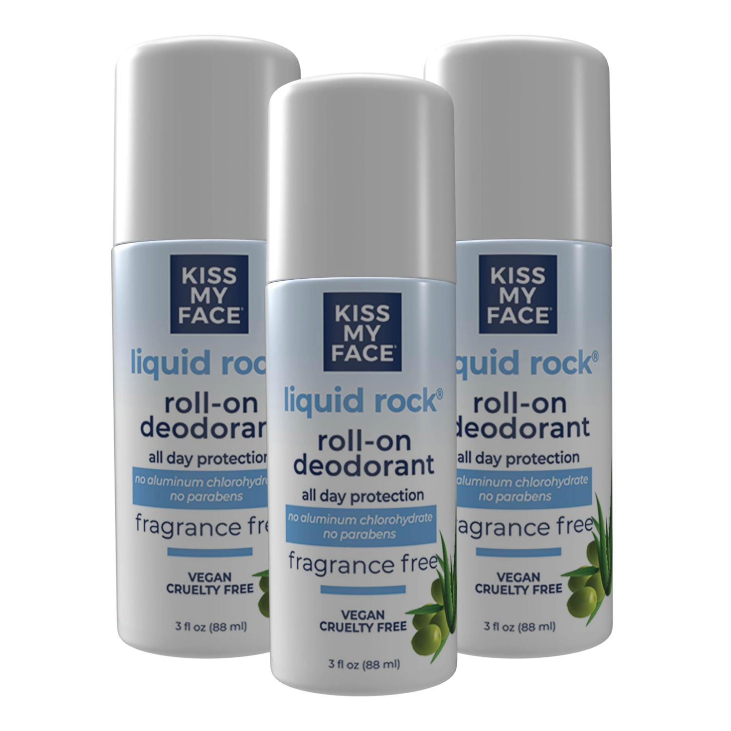 Kiss My Face Liquid Rock Roll-On Deodorant, All Day Protection, Vegan and Cruelty Free, Fragrance Free, 3 Fl Oz, Pack of 3