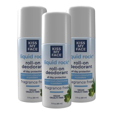 Kiss My Face Liquid Rock Roll-On Deodorant, All Day Protection, Vegan and Cruelty Free, Fragrance Free, 3 Fl Oz, Pack of 3