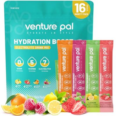 Venture Pal Sugar Free Electrolyte Powder Packets - Liquid Daily IV Drink Mix for Rapid Hydration Party Recovery 5 Vitamins 7 Electrolytes Keto Friendly Non-GMO Certified Vegan 16 Sticks