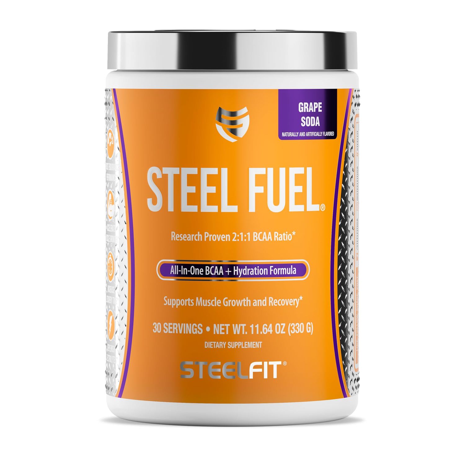 SteelFit Steel Fuel BCAA Electrolyte Powder Sugar-Free 211 Amino Acids Formula Grape Soda, 30 Servings No Crash Workout Hydration, Muscle Growth Recovery
