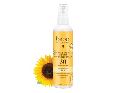 Babo Botanicals Swim Sport Mineral Sunscreen Spray SPF 30 - Natural Zinc Oxide - Face Body - For all ages - Dermatologist Tested - Cruelty-Free - Fragrance-Free - Water Resistant