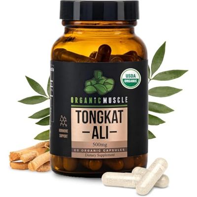 Organic Muscle Tongkat Ali for Men, 500mg - Pure Potent USDA Eurycoma Longifolia Root Supplement 60 Count - Wild Grown Men&#39;s Health Hormone Support for Male Performance, Drive Energizer