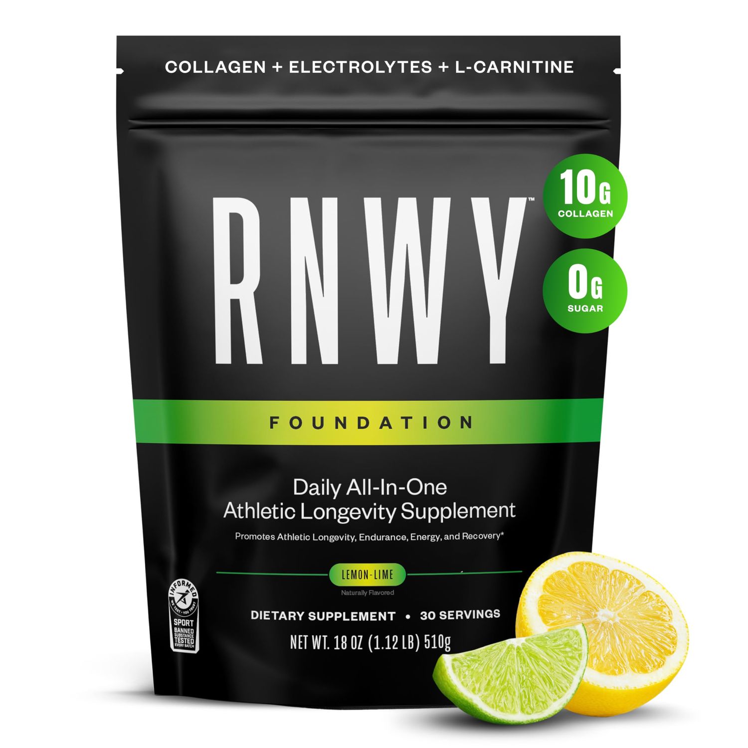 RNWY Foundation 10g Collagen Peptides Hydration Powder, Daily Joint Support with Electrolytes, Lemon Lime, Sugar Free, 30 Servings