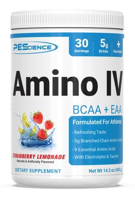 PEScience Amino IV BCAA EAA Powder, Strawberry Lemonade, 60 Scoop, Essential Amino Acids, Taurine, Electrolytes for Hydration and Muscle Recovery, Sugar Free for Men Women, Post Workout