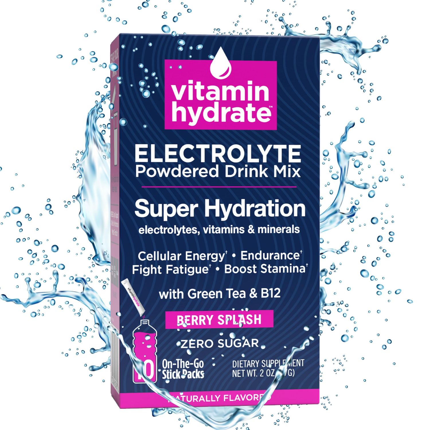 Vitamin Hydrate Electrolyte Powdered Drink Mix, Super Hydration, Boost Stamina Fights Fatigue, Bursting with Electrolytes, Vitamins Minerals, 0 Sugar, Berry Splash, 10 Stick Packs