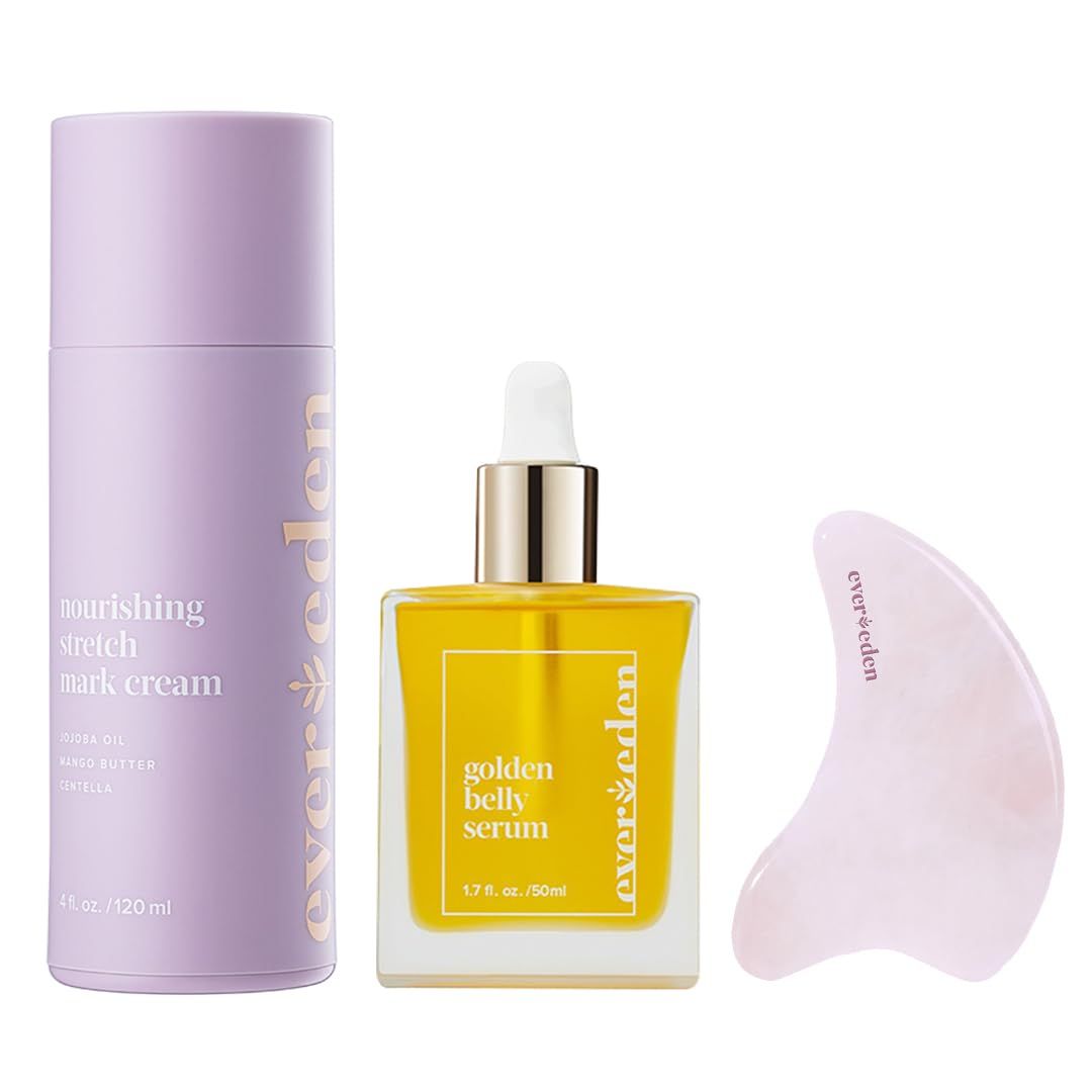 Evereden Mama DUO wt Gua Sha - Golden Belly Stretch Mark Oil Nourishing Stretch Mark Cream - Dermatologist-Developed Clean Vegan Maternity Skin Care for Skin Hydration