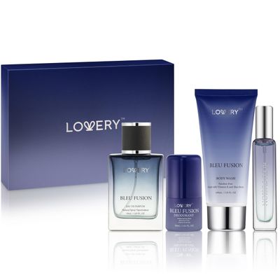 Blue Fusion Perfume for Men, Mens Cologne Set 4 in 1 Perfume Set Colognes Gift Set - 4 Piece Parfum, Antiperspirant Deodorant Stick, Body Lotion, Cologne - Masculine Birthday Gifts Perfumes for Men