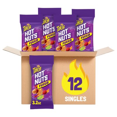Takis Fuego Hot Nuts 12 pc 3.2 oz Snack Size Box, Hot Chili Pepper Lime Flavored Extreme Spicy Double-Crunch Peanuts