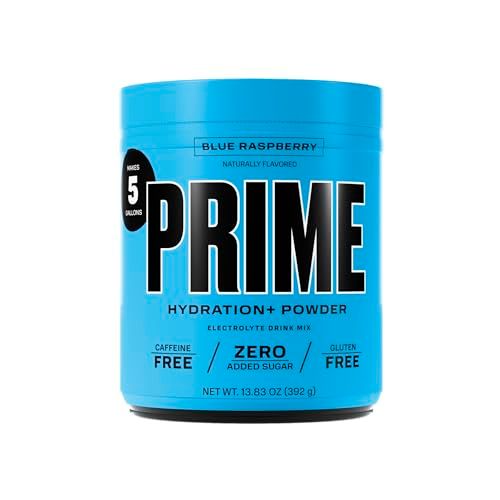 PRIME HYDRATION Powder Blue Raspberry, Caffeine-Free, Electrolyte Powder On The Go, 250mg BCAAs, B Vitamins, Antioxidants, Low Sugar, Vegan, 5 Gallon Tub
