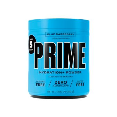 PRIME HYDRATION Powder Blue Raspberry, Caffeine-Free, Electrolyte Powder On The Go, 250mg BCAAs, B Vitamins, Antioxidants, Low Sugar, Vegan, 5 Gallon Tub