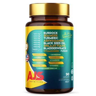 AJS Sea Moss Capsules 3200mg, Himalayan Shilajit 1000mg with Black Seed Oil, Ashwagandha, Turmeric, Bladderwrack, Burdock, Vitamins, Berberine, Lions Mane Mushroom, Elderberry- 90 Caps