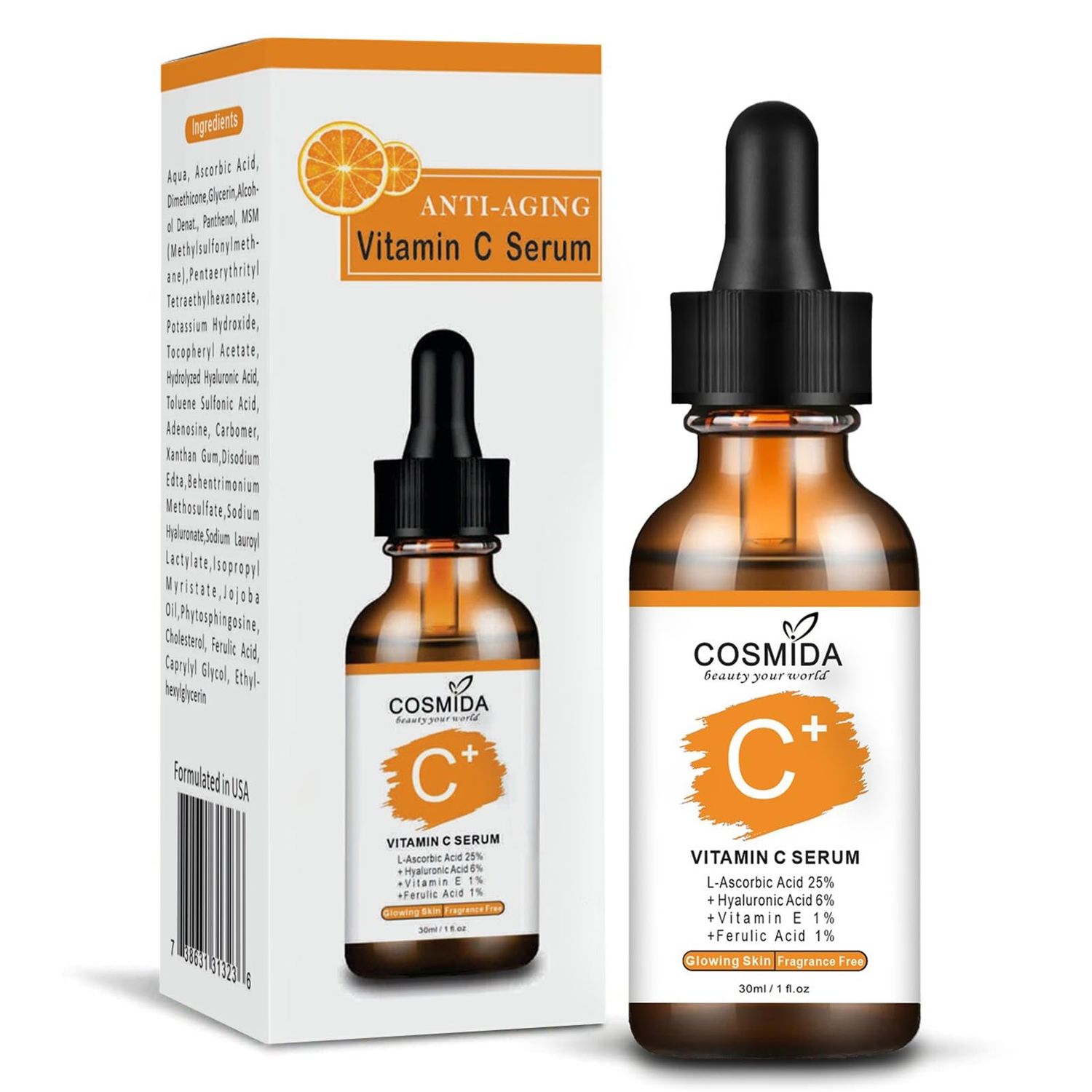 Cosmida Vitamin C Serum for face with Hyaluronic Acid, Collagen Anti Aging Serum for Glow,Dark Spots,Acne,Wrinkle Fine Lines,Korean Skincare Brightening Serum with Ferulic Acid Fragrance free 1fl.oz
