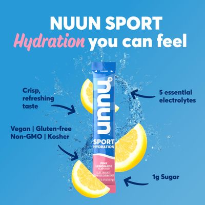 Nuun Sport Electrolyte Powder Packets with Magnesium, Calcium, Potassium, Chloride, and Sodium, Hydration Packets for On-the-Go, Pink Lemonade Flavor, Gluten Free Vegan, 16 Single Servings