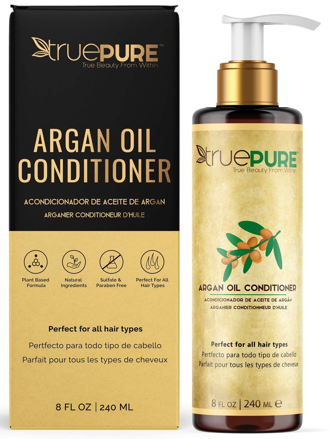 TruePure Argan Oil Conditioner (8 oz.) Deep Conditioner, Hair Treatment for Dry, Damaged Follicles, Split Ends Sulfate, Paraben, Fragrance Free For Men Women Made in USA