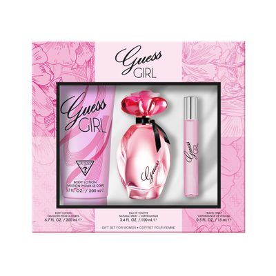 GUESS Girl Eau de Toilette 3 Piece Gift Set - Perfume Spray 3.4 Fl. Oz., Travel Spray 0.5 Fl. Oz., Body Lotion 6.7 Fl. Oz
