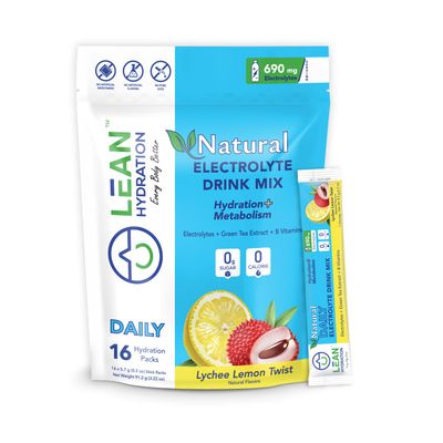 LEAN Hydration Daily Natural Electrolyte Packets Drink Mix Zero Calories, Zero Sugar Plus Vitamins, Minerals More 16 ct (Lychee Lemon Twist)