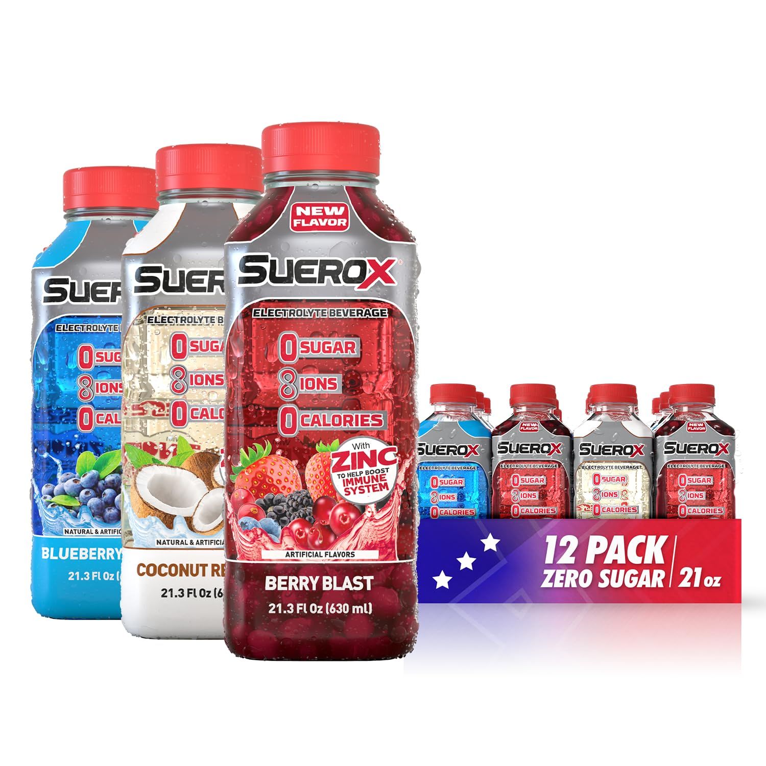 SueroX Zero Sugar Electrolyte Drink Patriotic Pack Blueberry, Coconut, Berry Flavors. Sugar-Free Hydration Recovery with 8 Ions Electrolytes. Zero Calorie Sports Drink, 21.3 Fl Oz, 12 Count.