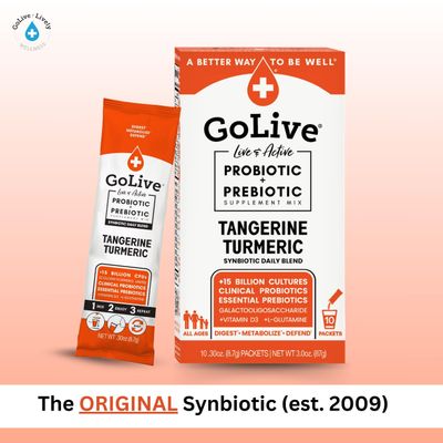 GoLive Prebiotic and Probiotic for Women, Men, Kids. Tangerine Turmeric Synbiotic Powder w L-Glutamine, Vitamin D3, Electrolytes. For Gut Health, Digestion, Metabolism, Immunity 15-50B CFUs.