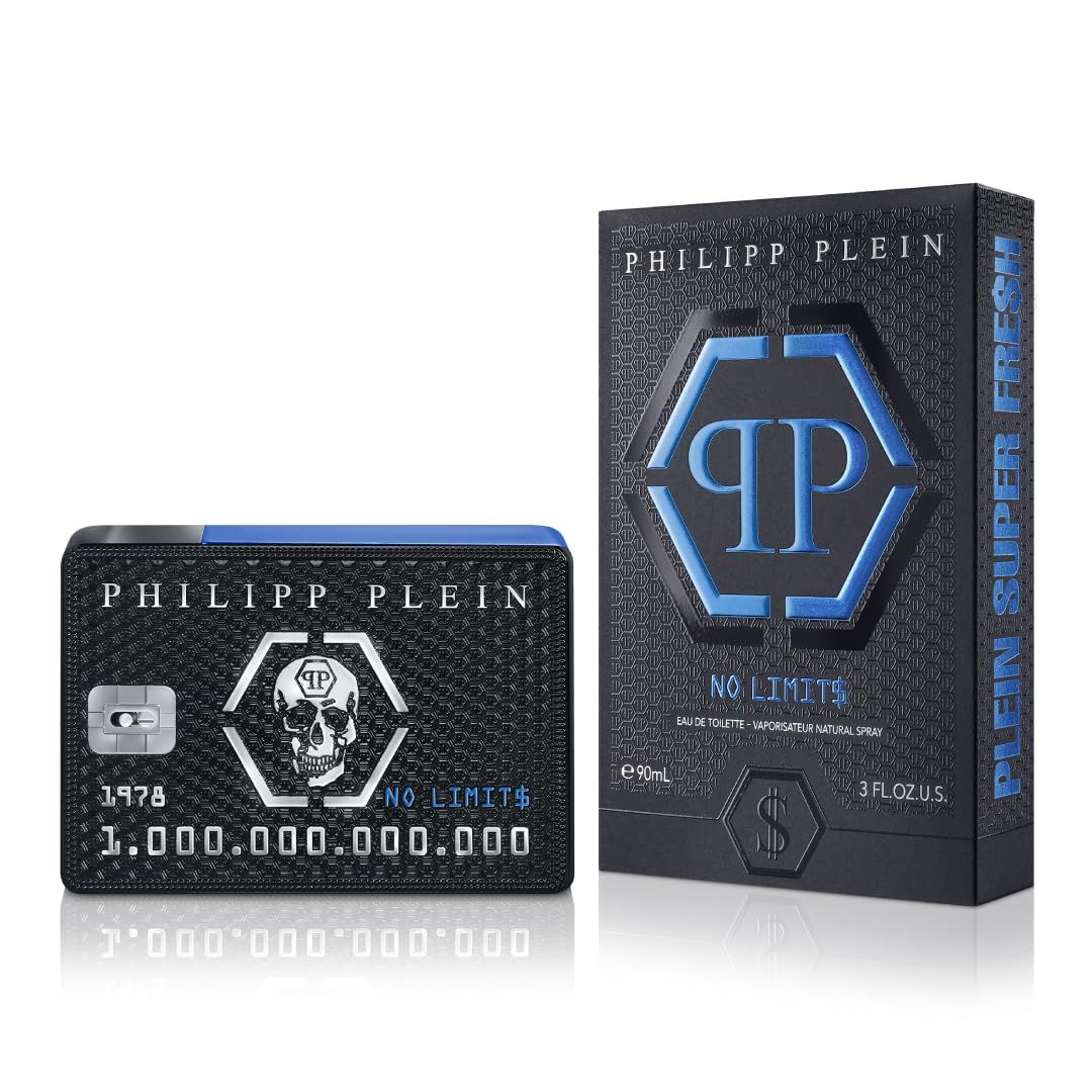 Philipp Plein - Eau de Toilette No Limits Super Fresh 90 ml - Parfum Homme - Notes Fraches et Boises - Une Vague d&#39;nergie, d&#39;Hdonisme et de Succs - Bois Frais - Flacon en Verre Laqu Noir et Bleu