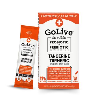 GoLive Prebiotic and Probiotic for Women, Men, Kids. Tangerine Turmeric Synbiotic Powder w L-Glutamine, Vitamin D3, Electrolytes. For Gut Health, Digestion, Metabolism, Immunity 15-50B CFUs.
