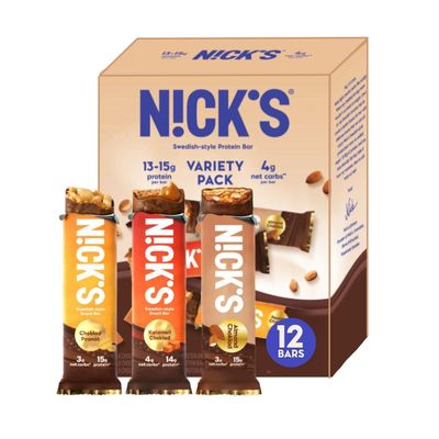 Nick&#39;s Protein Bars Variety Pack 15g protein 190 calories Low Carb Keto Friendly Snacks No Added Sugar (Multipack 12 bars x 50g)