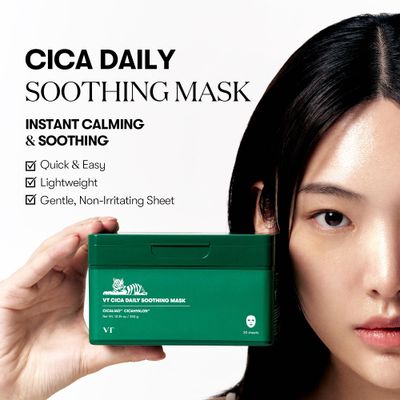 VT COSMETICS CICA Daily Soothing Mask 30 Sheets, Centella Asiatica Hyaluronic Acid for Moisturizing Hydrating, Instant Calm Glow, Skin Softening Facial Mask, Korean Face Mask
