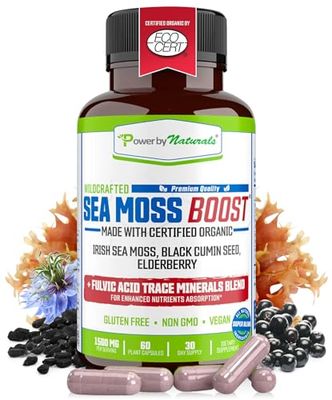Power By Naturals Sea Moss Advanced with Black Seed Oil Elderberry Capsules - Certified Organic Irish Sea Moss Capsules for Energy, Gut Immune Support - Sea Moss Pills with (60 Minerals) 60 Pills