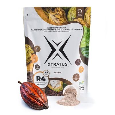 Xtratus Endurance Fluids R4 Cocoa - Sports Recovery Drink mix with Carbohydrates, Vegan Proteins and Electrolytes. 41 Ratio (carbprotein). After Workout. Vegan. 35.27oz