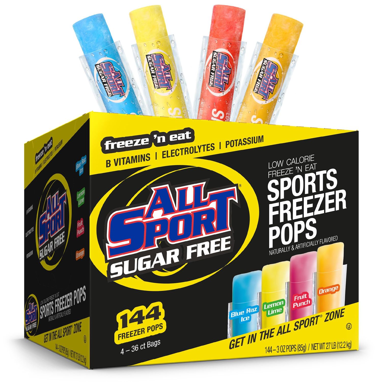 All Sport Sugar-Free - Freezer Pops, Giant Sized 3oz, 144 CT Refreshing Ice Pops with Electrolytes, B Vitamins Potassium -Blue Raz Ice, Lemon Lime, Fruit Punch Orange