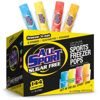 All Sport Sugar-Free - Freezer Pops, Giant Sized 3oz, 144 CT Refreshing Ice Pops with Electrolytes, B Vitamins Potassium -Blue Raz Ice, Lemon Lime, Fruit Punch Orange