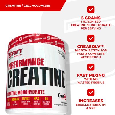 SAN Performance Creatine 300g - Supports Muscle Growth and Athletic Endurance, 60 Servings