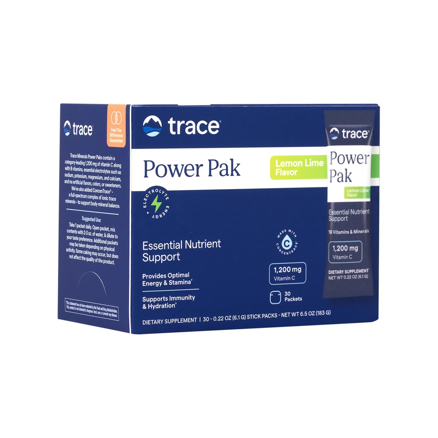 Trace Minerals Power Pak Electrolyte Powder Packets 1200 mg Vitamin C, Zinc, Magnesium Boost Immunity, Hydration and Natural Energy Lemon Lime 30 Packets