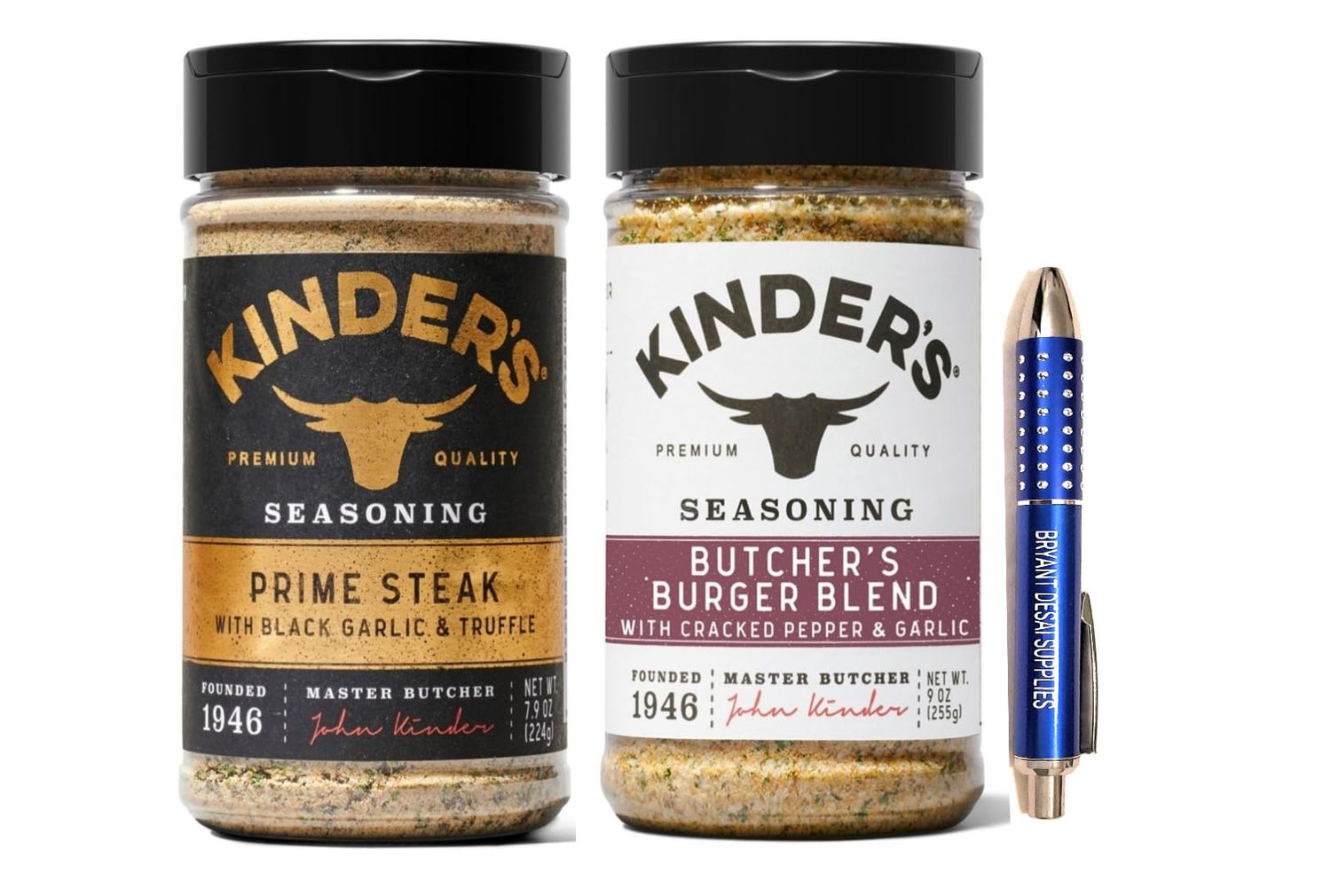 Prime Steak with Black Garlic and Truffle Seasoning (7.9 oz.) kinders And Butcher&#39;s Burger Blend Seasoning (9 oz.) kinders, Packaged with BRYANT DESAI SUPPLIES pen