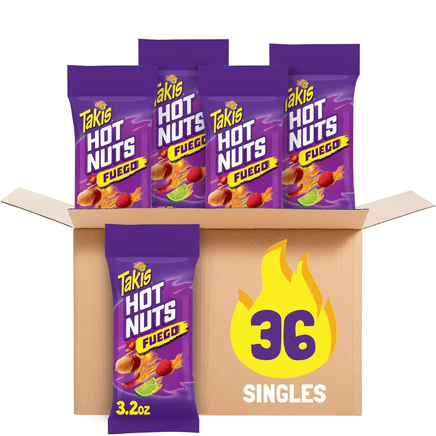 Takis Fuego Hot Nuts 3 ct, 12 pc 3.2 oz Snack Size Case, Hot Chili Pepper Lime Flavored Extreme Spicy Double-Crunch Peanuts