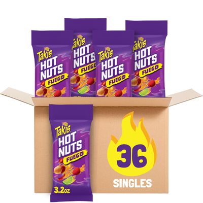 Takis Fuego Hot Nuts 3 ct, 12 pc 3.2 oz Snack Size Case, Hot Chili Pepper Lime Flavored Extreme Spicy Double-Crunch Peanuts