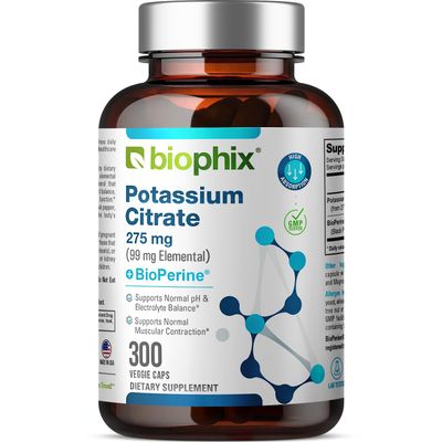 biophix Potassium Citrate 275 mg with BioPerine 300 Veggie Capsules - Supports Electrolyte Balance, Nerve., Muscle Function and Heart Health