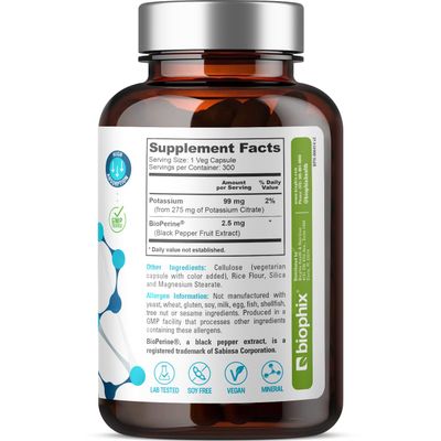 biophix Potassium Citrate 275 mg with BioPerine 300 Veggie Capsules - Supports Electrolyte Balance, Nerve., Muscle Function and Heart Health