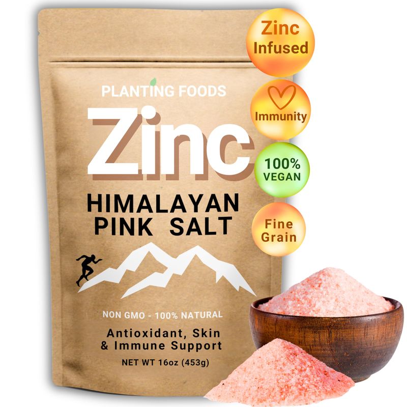 Planting Foods Himalayan Pink Salt with Zinc - Organic, Vegan, Kosher Salt, Lab Tested, Fine Grain 16oz Unrefined Mineral-Rich Cooking Salt Natural Electrolyte Boost