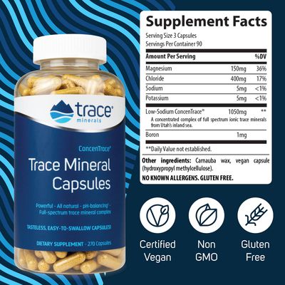 Trace Minerals Low-Sodium ConcenTrace Capsules - Supplement to Support Bone Health Body Energy - Healthy Hydration Electrolyte Support Supplement - 270 Capsules (90 Servings