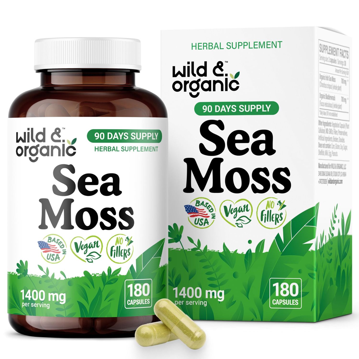 Wild Organic Sea Moss Capsules - Irish Sea Moss Complex with Bladderwrack Burdock Root for Overall Well-Being - 180 Vegan Seamoss Capsules
