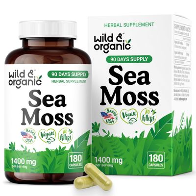 Wild Organic Sea Moss Capsules - Irish Sea Moss Complex with Bladderwrack Burdock Root for Overall Well-Being - 180 Vegan Seamoss Capsules