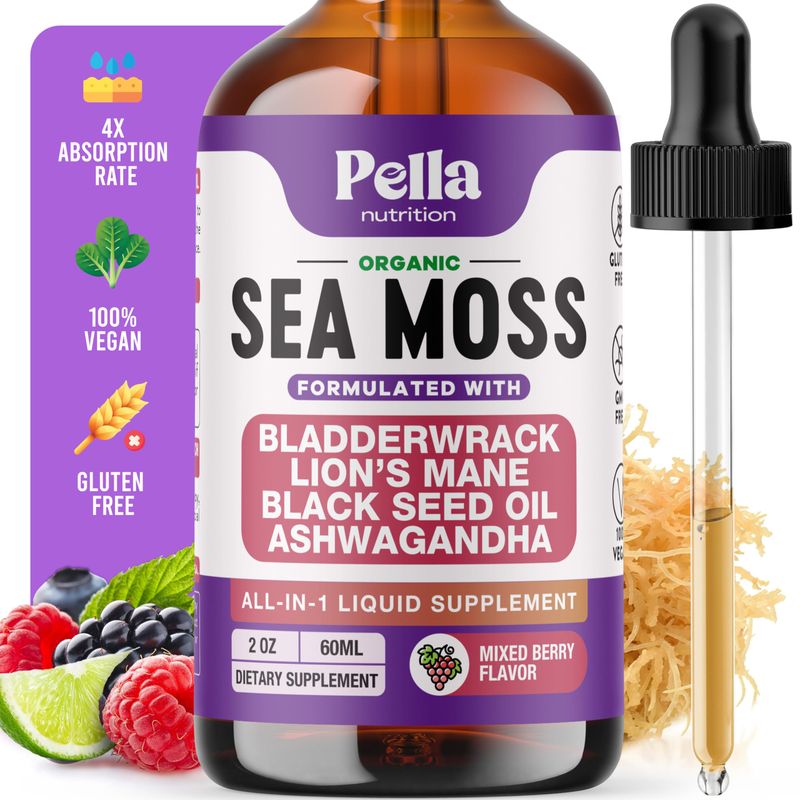 Sea Moss and Ashwagandha Liquid Supplement - Infused with Lion's Mane, Black Seed Oil, and Bladderwrack - Vegan, Easy-to-Mix Formula - Supports Antioxidant Activity Immune Health (Mixed Berry, 60mL)